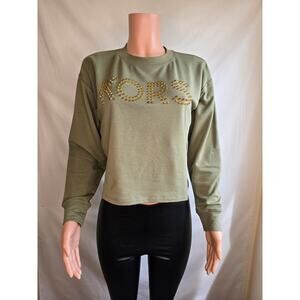 Michael Kors Cropped Long Sleeve Gold Studded Shirt in Army Green XS